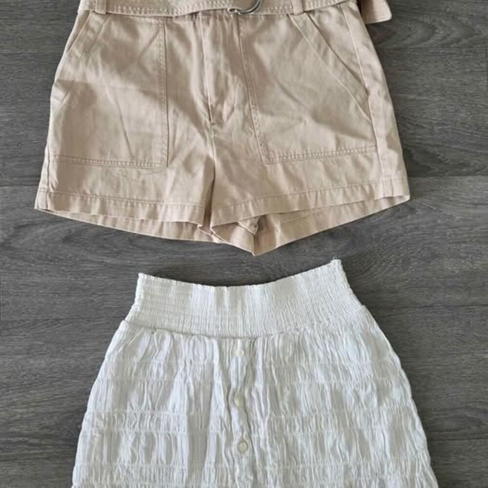Lots of 2 Forever 21 Beige Paperbag Shorts M + White Smocked Mini Skirt